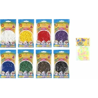 Abbildung von Hama Happy Price Toys Midi Bügelperlen (Kon 1) Konvulut 8x Vollton Farben,Weiß,Gelb,Rot,Lila,Grün,Blau,Braun,Schwarz +Gratis HPT Stiftplatte Eule mit Papiervorlage