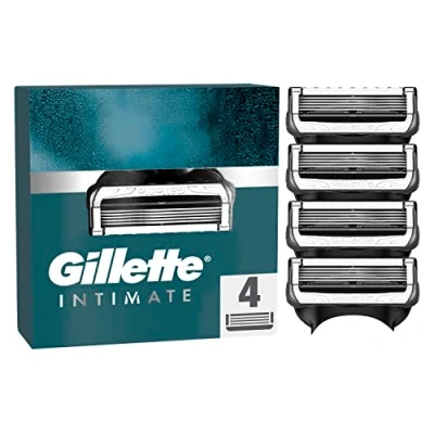 Abbildung von Gillette Intimate Rasierklingen, 4 Ersatzklingen für Nassrasierer Herren, mit verbesserten Gleitstreifen eine sanfte Anwendung, dermatologisch getestet