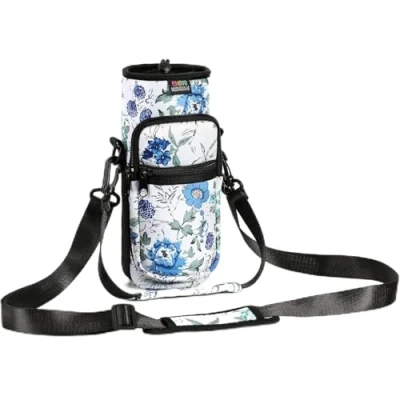 Abbildung von Nuovoware Flaschenhalter Trinkflasche Molle Beutel 25oz/710ml, Isolierte Neopren Kessel mit Schultergurt und Front Reißverschluss Tasche für Wandern Laufen Radfahren Jagd Reisen Weiß+Blau