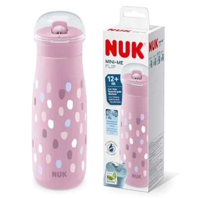 Abbildung von NUK Mini Me Flip mit Strohhalm für Kleinkinder ab 12 Monate 450 ml Kinderwasserflasche auslaufsichere stabile Trinköffnung bruchsicher rosa Farbkleckse