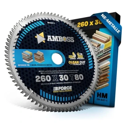 Abbildung von HM Kreissägeblatt 260x30 Z80 Trapez Flachzahn für Aluminium. AMBOSS WERKZEUGE® Sägeblatt 260mm komp. zu Makita 2704N. MLT100NX1. LH1040F Festool Kapex KS 120 DeWalt DW711 DLS111. LS1019L. 1018L