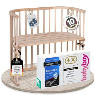 Abbildung von babybay Original Beistellbett aus massivem Buchenholz / kompakt &amp; verwandelbar Kinderbett Höhe stufenlos verstellbar umweltfreundlich mitwachsendes Babybett (natur unbehandelt)