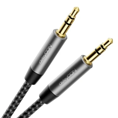Abbildung von deleyCON 1m Nylon 3,5mm Klinke Audio Stereo AUX Kabel Klinkenkabel Audiokabel Nylonkabel Metallstecker Handy Smartphone Tablet Kopfhörer HiFi Receiver Schwarz