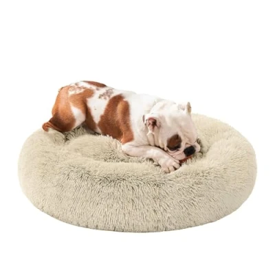 Abbildung von Feandrea Hundebett flauschig, Katzenbett, Donut Kissen, waschbar, Polsterung in der Mitte herausnehmbar, Langer Plüsch, 80 cm Durchmesser, Ombré Khaki PGW040S01