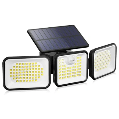 Abbildung von OUSFOT Solarlampen für Außen mit Bewegungsmelder 180 LED Solarleuchten 3 Köpfen 360 Beleuchtungswinkel IP65 Wasserdicht Garten Garage Terrasse