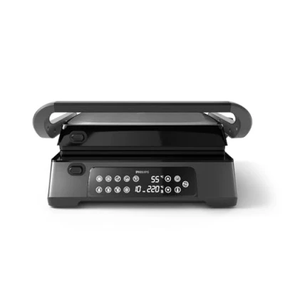 Abbildung von Philips Kontaktgrill Temperaturfühler und 8 Voreingestellte Funktionen Grill mit großer Grillfläche. Digitale Temperaturregelung 60C 220C. Leicht zu reinigen (HD6307/70)