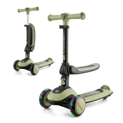 Abbildung von Kinderkraft Halley Scooter 2 in 1, Kinderroller ab 1 Jahr bis zu 50 kg, Tretroller, Dreirad Roller mit Klappbar Sitz, LED Räder, Höheverstellbare Lenker, Zusammenklappen, Modernes Design, Grün