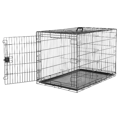 Abbildung von Amazon Basics Zusammenklappbarer Hundekäfig aus Metalldraht mit Bodenschale, Einzeltür, Schwarz, L 122 x B 76 H 83 cm