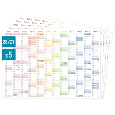 Abbildung von Häfft® 5 x Wandkalender 2026 A4 quer &quot;Rainbow&quot; + Jahresübersicht 2027 auf der Rückseite Tafelkalender, Jahresplaner, Jahreskalender, Tischkalender mit Feiertagen nachhaltig &amp; klimafreundlich