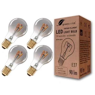 Abbildung von greenandco 4x E27 LED Vintage Glühbirne, extra warmweißes Licht, silbergraue Retro Glühbirne E27, klassische Form 1800 K Leuchtmittel 230 V