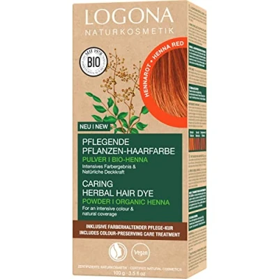 Abbildung von LOGONA Naturkosmetik Pflegende pflanzliche Haarfarbe, Veganes Haarfarbe Pulver mit Bio Henna für intensive Farbe und Glanz, Pflanzenhaarfarbe in Hennarot (Rot), 1 x 100g