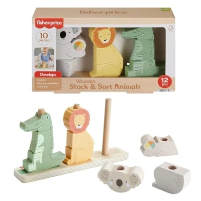Abbildung von Fisher Price Baby und Kleinkinder Stapel Sortiert Tierwelt aus Holz, 10 Holzteile für die spielerische Entwicklung ab 1 Jahr, HXV04