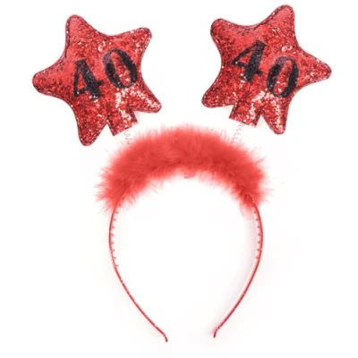 Abbildung von PartyDeco Stirnband mit Sternen und gedruckten Zahlen 40 Rot Fell Haarband für 40. Geburtstag Runde Gadgets Geburtstagsgeschenk Haarschmuck