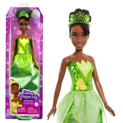 Abbildung von Mattel DISNEY Prinzessin Tiana Bewegliche Puppe mit glitzerndem Outfit und Accessoires, inspiriert vom Film Küss den Frosch, für Kinder ab 3 Jahren, HLW04