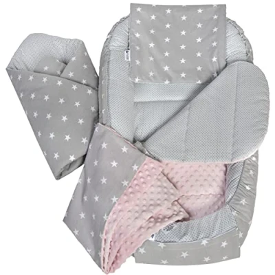 Abbildung von Medi Partners 5 teilig Babynestchen Set Babynest 100x60x15 herausnehmbarer Einsatz Bett Kuschelnest Krabbeldecke Babys Neugeborene 100% Baumwolle (graue Sternen mit Hellrosa Minky)