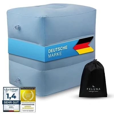Abbildung von Feluna® Fußablage Fußstütze Fußauflage; Reisekissen für Zug, Auto &amp; Flugzeug Kissen, aufblasbares Travel Strand Campingkissen Multifunktionskissen bis zu 42x38x45 cm (Grau)