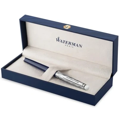 Abbildung von Waterman Hémisphère Tintenroller Metall und blaue Lackierung ziselierte Kappe schwarze Tinte Geschenkbox