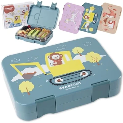 Abbildung von BEARFOOT Brotdose Kinder mit Fächern, BPA frei, Lunchbox, Bento box, Brotbox, Mädchen &amp; Jungen, Snackbox Trennfächern, Vesperbox für Kindergarten, Schule, groß (Blau BaggerAffe)