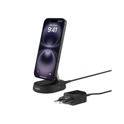 Abbildung von Belkin BoostCharge Pro induktive Ladestation 15W, Qi2 Ladegerät, kabelloses kompatibel mit MagSafe, für Apple iPhone 16/15/14/13/12, inkl. 20 W Netzteil Schwarz