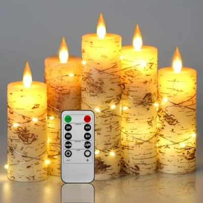 Abbildung von LED Kerzen, Birkenrinde, mit eingebetteter Lichterkette, Kerzen Set, 5 Stück, elfenbeinfarben, Echtwachs, Stumpenkerzen tanzender Flamme, 10 Tasten Fernbedienung (ohne Batterie)