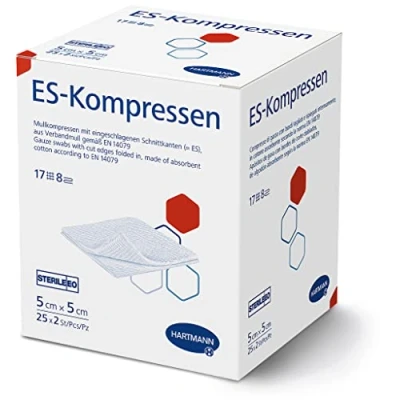 Abbildung von ES KOMPRESSEN: Sterile Mullkompressen zur Wundreinigung &amp; Wundabdeckung, sowie zum Auftragen von Salben, 5 x cm, 8 fach, 17 fädig, 25x2 Stück