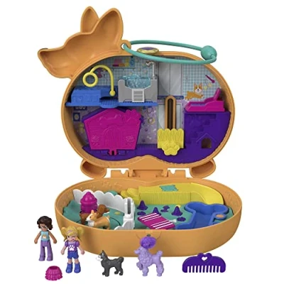 Abbildung von Polly Pocket GTN13 Corgi Hundehotel Schatulle Im Haustierhotel Design, Kleine Und Shani Puppen, 2 Hundefiguren (Pudel &amp; Husky), Ãœberraschungseffekten, Spielzeug Geschenk Für Kinder Ab 4 Jahren