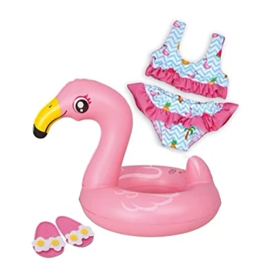 Abbildung von Heless 99 Schwimm Set für Puppen, 3 teilig, Flamingo Ella, Bikini, Flip Flops und Schwimmring, Größe 35 45 cm, Badespaß an heißen Sommertagen