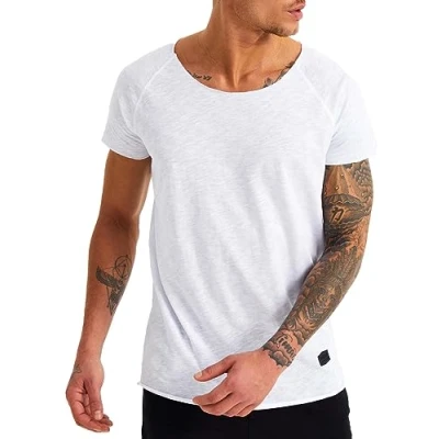 Abbildung von Leif Nelson T Shirt Herren Sommer tiefer Rundhals Ausschnitt (Weiß, Größe S), Regular Fit 100% Baumwolle, Casual Basic Männer Kurzarm
