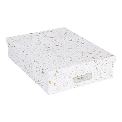 Abbildung von BIGSO BOX OF SWEDEN OSKAR Dokumentenbox für A4 Papier, Broschüren usw. Schreibtischablage mit Deckel und Griff Aufbewahrungsbox aus Faserplatte Papier gold gesprenkelt