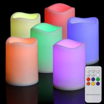 Abbildung von FREEPOWER 6er LED Kerzen Bunt mit Fernbedienung Timer Flammenlose Batteriebetrieben Stumpenkerzen Elektrische RGB Flackern, Outdoor Wasserdicht, Ø7.5 x 10cm