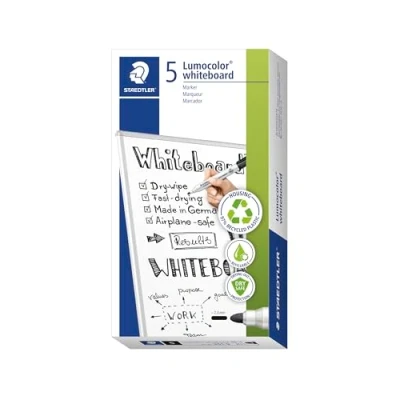 Abbildung von STAEDTLER Whiteboard Marker Lumocolor, trocken und rückstandsfrei abwischbar, Linienbreite 2 mm, schnelltrocknend, nachfüllbar, lange Lebensdauer, 5 schwarze Marker, 351 9X