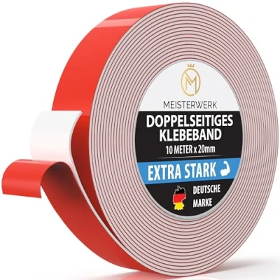 Abbildung von MEISTERWERK Doppelseitiges Klebeband ohne Bohren [EXTRA STARK] Universelles Montageband I stark Doppelklebeband (10m x 20mm)
