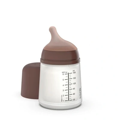 Abbildung von Suavinex, Anti Colic Babyflasche Zero Zero, mit anpassbarem Silikon Sauger (A), für Babys ab 0 Monaten und Neugeborene, speziell Stillen, Muttermilch Säuglingsnahrung, 180 ml, Deep