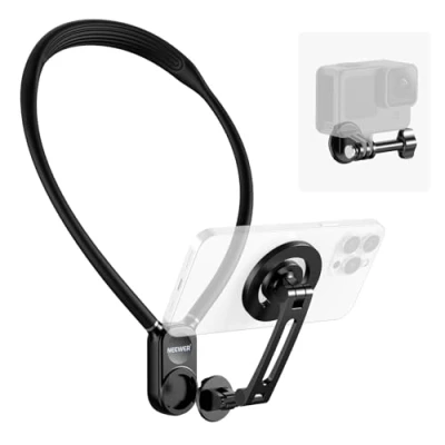 Abbildung von NEEWER Magnethalterung Neck Releaser für Action Cam Phone, freihändige Nackenhalterung Handy Halter, kompatibel mit GoPro DJI Insta360 iPhone15 Android Hals Telefonhalter POV Vlog, schwarz, GP16