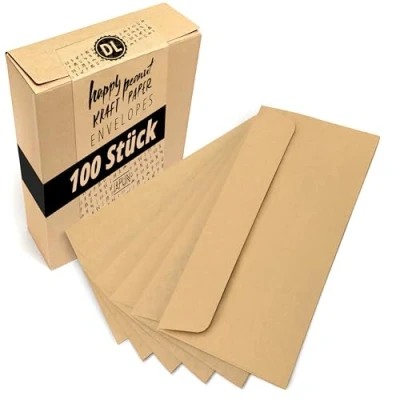 Abbildung von Japun Briefumschläge (100 Stück) aus braunem vintage Kraftpapier, Kuvert, Umschlag ohne Fenster DIN lang 220 x 110 mm