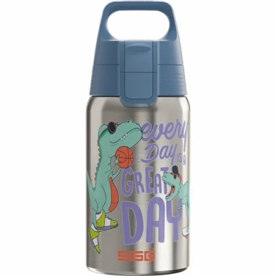 Abbildung von SIGG Edelstahl Trinkflasche Kinder Shield One Great Day Für Kohlensäurehaltige Getränke Geeignet Auslaufsicher Federleicht BPA frei Sport &amp; Schule Alu Graublau mit Dino 0,5L