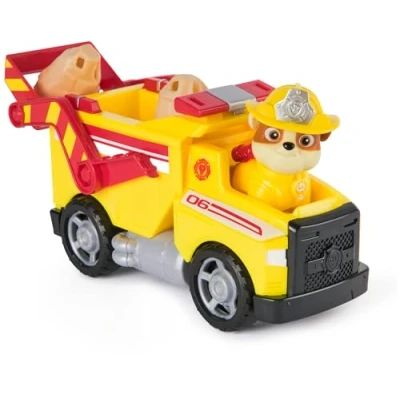 Abbildung von PAW PATROL Fire Rescue Rubbles Rettungs Truck mit Schaufel und Geschossen sowie Rubble Hundefigur, Spielzeug für Kinder ab 3 Jahren