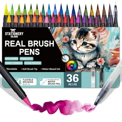 Abbildung von STATIONERY ISLAND Aquarellstifte 37 teilig 36 Aquarell Pinselstifte 1 Wassertankpinsel, Brush Pen Set für Kinder &amp; Erwachsene Aquarellpinsel Stifte Kalligraphie Malerei