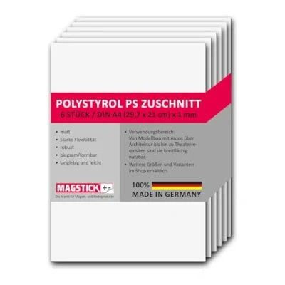 Abbildung von 6er Set Polystyrol Platten weiß I DIN A4 Kunststoff Hartplatten PS Zuschnitte 21 x 29,7 cm 1 mm Stärke für Modellbau Architektur DIY mag261