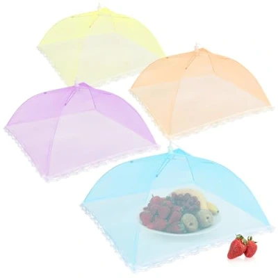 Abbildung von com four® 4X Speisehauben, Faltbare Obsthaube 45 cm Bunte Abdeckhauben für Lebensmittel Fliegen Schutz, Fliegenschutz und Insektenschutz beim Essen (4 Stück gelb lila blau orange)
