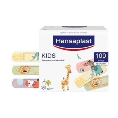 Abbildung von Hansaplast Universal Kinderpflaster (100 Strips), Wundpflaster mit niedlichen Tiermotiven zum Aufmuntern, schmerzlos zu entfernende Pflaster