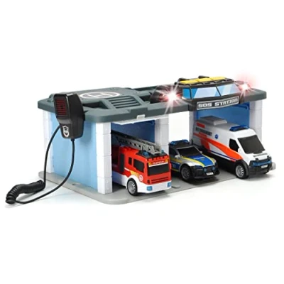 Abbildung von Dickie Toys SOS Rettungsstation mit Polizei, Feuerwehr und Krankenwagen, Station Licht &amp; Sound, Mikrofon Lautsprecherfunktion, Tore zum Öffnen, inkl. Batterien, 31x22x16 cm, Blue