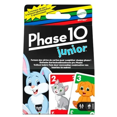 Abbildung von Mattel Games Phase 10 Junior Rommé artiges Spiel mit Mehreren Spielebenen, 56 Karten Tierbildern, für 2 bis 4 Spieler, Kinder ab Jahren, GXX06
