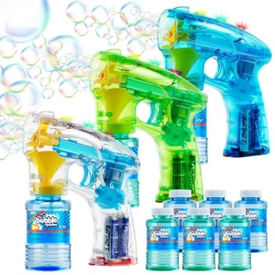 Abbildung von JOYIN 3 Seifenblasen Pistolen für Kinder, LED Seifenblasenpistole mit 6 Flüssigkeit, Pistole Bubble Party Gefälligkeiten, Sommerspielzeug, Outdoor und Indoor Aktivitäten