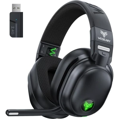 Abbildung von WESEARY WG3 Bluetooth Headset, 2,4G Wireless Gaming Headset mit Mikrofon für PS5, PS4, PC, Switch, Mac, Faltbarer Surround Sound Noise Cancelling Kopfhörer LED Licht, Über 50 Stunden Akkulaufzeit