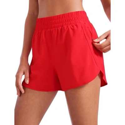 Abbildung von CRZ YOGA Damen Kurz Sporthose Laufhose High Waist Fitness Sport Shorts Kurze Hose mit Reißverschlusstasche Tiefrot 40
