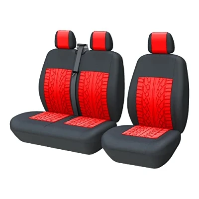 Abbildung von TOYOUN Universal Auto Sitzbezüge für Transporter LKW Vorn Autositzbezüge 3D Reifen Spur Muster Sitzbezug Fahrersitz + 2er Beifahrersitzbank Schonbezüge, Rot