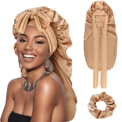 Abbildung von DRESHOW Lange Satin Zopfhaube für Damen Seidenhaube zum Schlafen Schlafmütze mit Elastischem Band Nachtmütze Lockiges Haar Locs