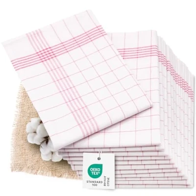 Abbildung von ZOLLNER 12er Set Geschirrtücher Halbleinen in 50x70 cm super saugstarke und fusselfreie Küchentücher waschbar bis 95C rot weiß kariert Gastronomiequalität Oeko Tex® Zertifiziert