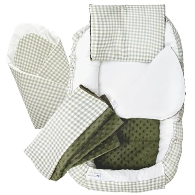 Abbildung von Medi Partners 5 teilig Babynestchen Set Babynest 100x60x15 herausnehmbarer Einsatz Bett Kuschelnest Krabbeldecke Babys Neugeborene 100% Baumwolle (Kariert mit olivfarbenem Minky)